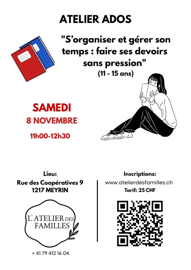Samedi 8 novembre - S’organiser et gérer son temps: faire ses devoirs sans pression (11 - 15 ans) 